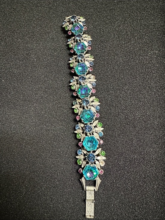 Florenza Jewelry - Vintage Signed FLORENZA Blue Aurora Borealis Rhinestone Link Bracelet (As-Is)